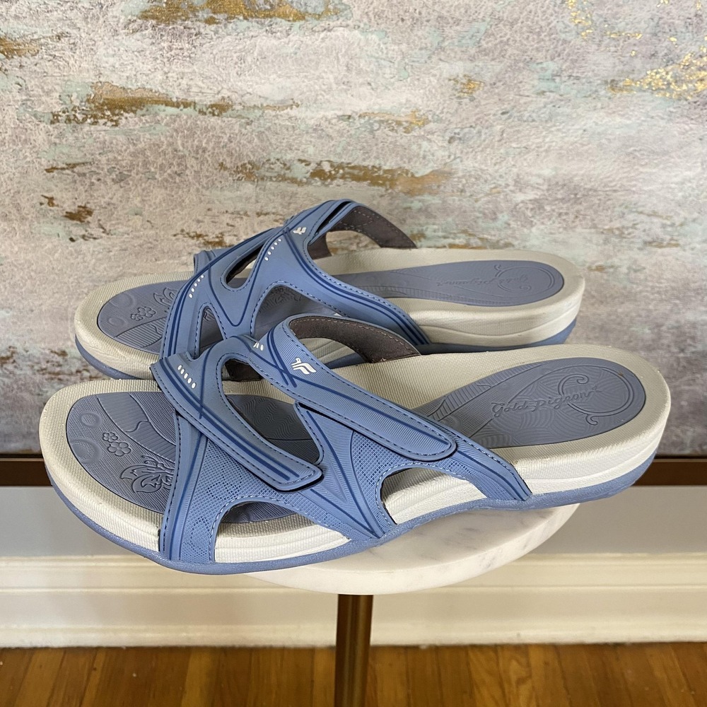 Gold Pigeon Sandals Shoes Womens Size 8.5W Blue Slide Wedge Comfort Cushioned